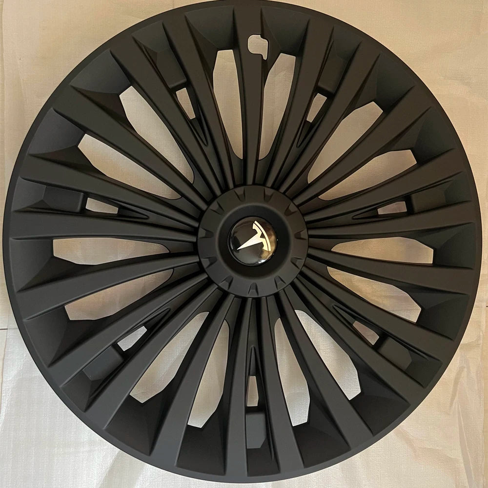 Tesla Model Y Wheel Caps (19" / 21") with Hub Strip &amp; Logo - Matte Black, Full Edge Protection, Sports-Resistant Wheel Covers