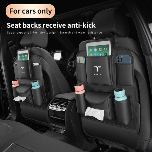 For Tesla Model Y, Model 3, Model X, Model S Car Organizer Back Storage Bag Anti-Kick Pad - 4 Colors