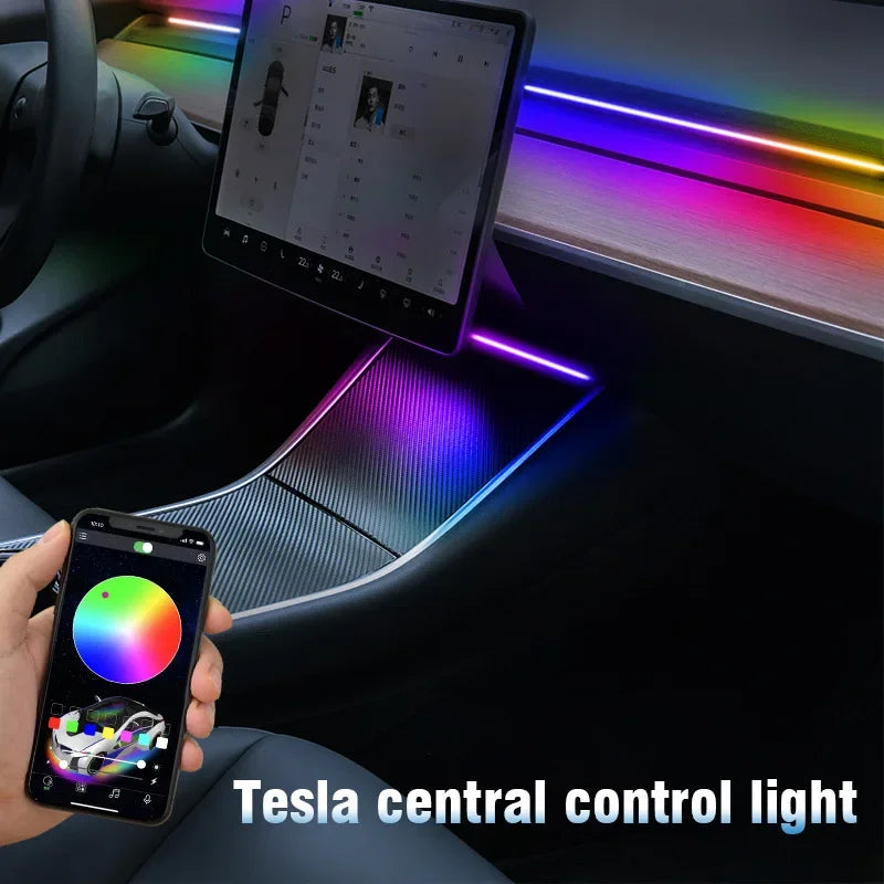 New For Tesla Model 3 Y Center Console Dashboard Wireless Charging RGB Neon LED Light Strip Musical Rhythm USB Power APP Control