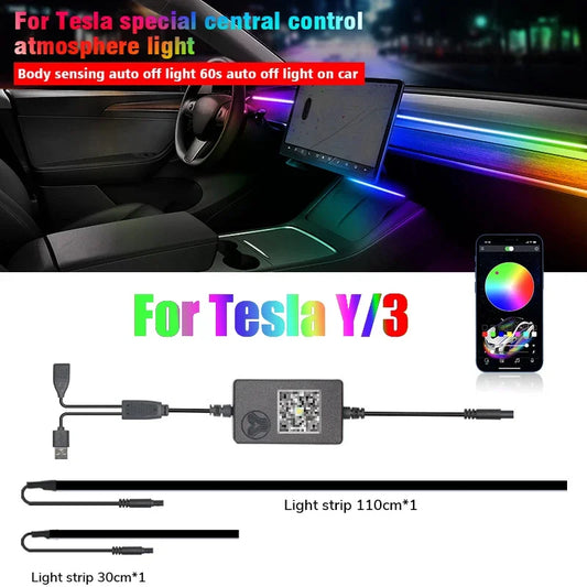 New For Tesla Model 3 Y Center Console Dashboard Wireless Charging RGB Neon LED Light Strip Musical Rhythm USB Power APP Control