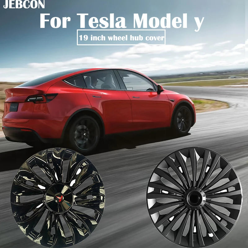 Tesla Model Y Wheel Caps (19" / 21") with Hub Strip &amp; Logo - Matte Black, Full Edge Protection, Sports-Resistant Wheel Covers